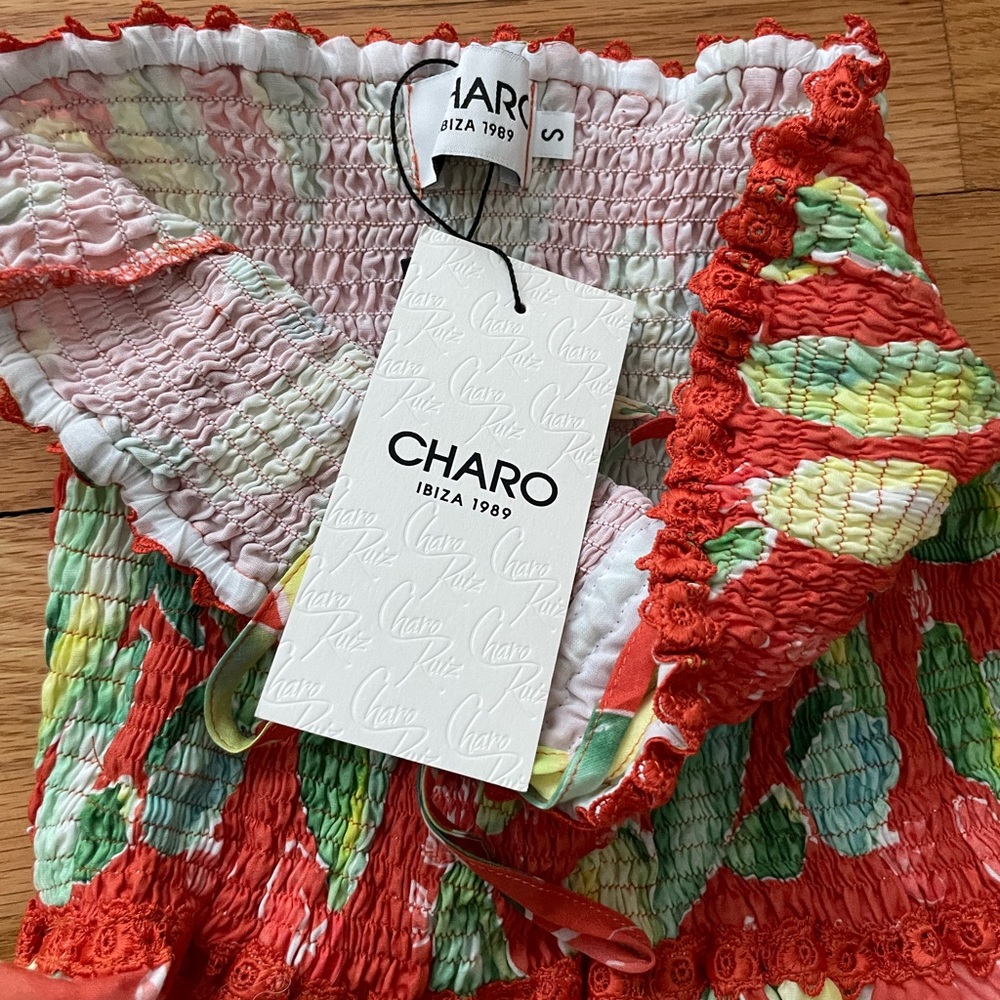 Charo Ruiz Strapless Mini Dress in Orange and Light Green Print - Picture 5 of 6